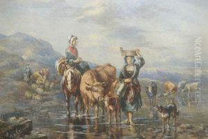 Figures With Cattle, Horses And Sheep Crossing Highland River by John Frederick Tayler