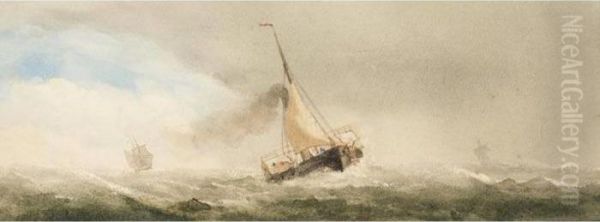 Yacht In Full Sail; Steam Barge In High Seas - view 1
