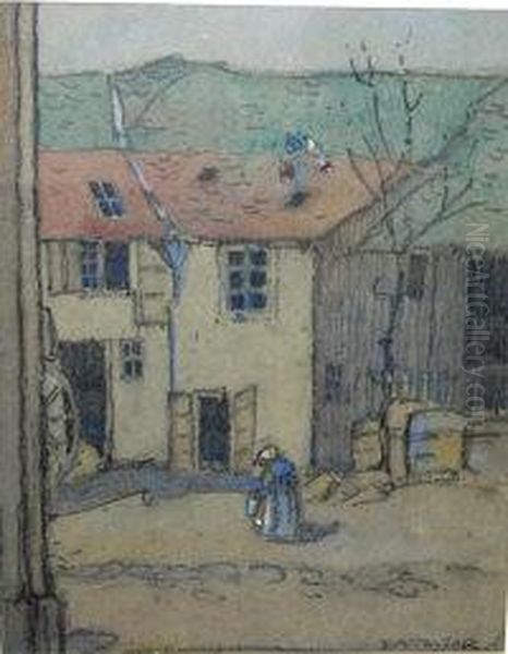 Scottish - Watercolour &
Chalks Cottages And Figure In Foreground Signed Lower Right 28cm X 21cm - view 1