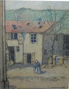 Scottish - Watercolour &amp; 
Chalks Cottages And Figure In Foreground Signed Lower Right 28cm X 21cm