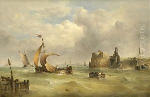 Dutch Sailingbarges At The Entrance To A Harbour