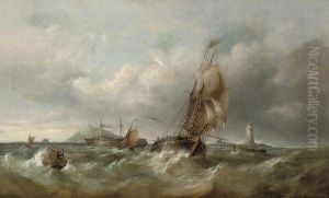 A Trading Schooner In Congested Waters Off A Lighthouse