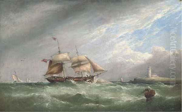 A Merchant Brig Heaving-to Off A Lighthouse - view 1