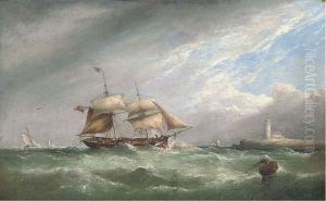A Merchant Brig Heaving-to Off A Lighthouse by Henry King Taylor