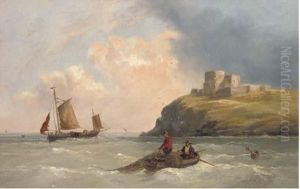 Fishermen Pulling In Their Nets Off A Fortified Headland