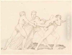 Three men attempting to tear a child from a woman