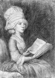 Portrait study of Mrs Matthew, seated, three-quarter-length, wearing a cap, reading a book by John Flaxman