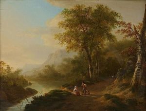 Travellers On A Wooded Lakeside Track In An Italianate Landscape by Lievine Teerlink