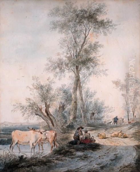Herdsmen Watering Their Cattle By A Wooded Road - view 1