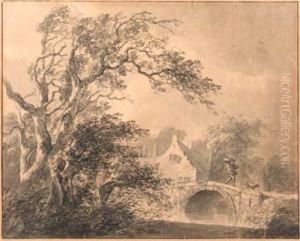 A Figure On A Bridge By A House, A Tree In The Foreground by Lievine Teerlink