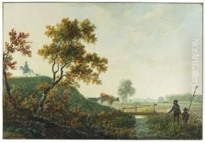 Fishermen By A Bridge Over A Ditch, Cows And A Horseman On A Risenearby