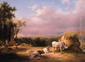 Buffaloes In The Roman Campagna 
At Sunset With Cattle, Shepherdsand Tavellers By A Ruined Wall Beyond