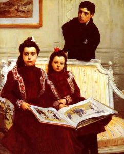 Family Portrait of a Boy and his two Sisters admiring a Sketch Book by Francois Flameng