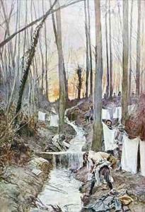 French soldiers wash themselves and do their laundry in a stream in the woods of Roucy by Francois Flameng