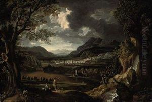An Italianate River Landscape With Figures Resting Beside Awaterfall, A Town Beyond