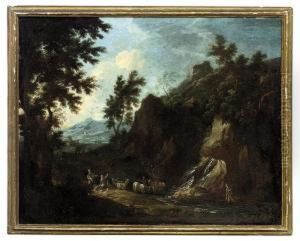 A Rocky Italianate Landscape With Drovers And Cattle by Antonia Tempesta