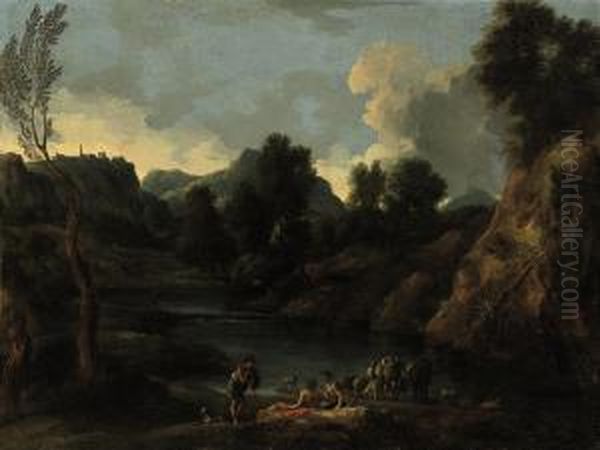 A Rocky Landscape With Shepherds Resting By A River, A Young Boyfishing Beyond - view 1