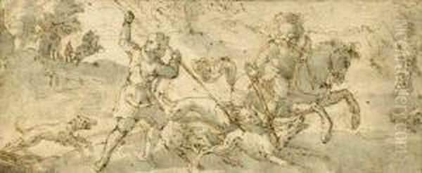 Wolfsjagd Mit Hunden Und Berittenen, Verso: Die Versuchung Deshl - view 1