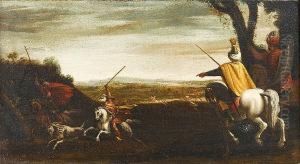 A Landscape With Huntsmen On
Horseback; And A Landscape With Huntsmen And Their Dogs Hunting Ducks by Antonia Tempesta