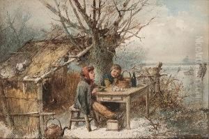 Children In A Snowy Landscape by Johan Mari Ten Kate