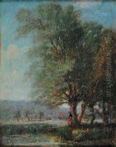 "bergere Pres De La Riviere" Huile Surpanneau, Signee En Bas A Droite. 39 X 30 Cm by Rene Tener