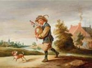 Un Suonatore Di Cornamusa Con Il Suo Cane In Un Paesaggio thumbnail