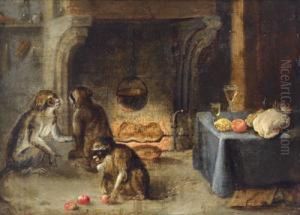 Tre Scimmie Davanti A Un Camino Durante La Preparazione Di Un Pasto by Abraham Teniers