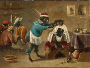 An Interior Of A Monkey 
Barbershop With A Monkey Trimming A Cat And Three Monkeys Sitting In The
 Background by Abraham Teniers