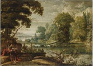 A Wooded River Landscape With Saint James The Greater Seated On Arock In The Foreground by David The Elder Teniers