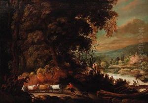 A Wooded Path With A Peasant Herding Cattle, A River Landscapebeyond
