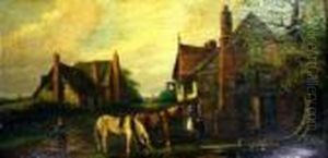 Figures Watering Horses Outside A Rural Tavern by David The Younger Teniers