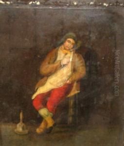 Labourer Smoking A Pipe With A Bell At His Feet