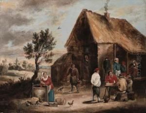 Peasants Smoking And A Woman Drawing Water From A Well Outside Atavern by David The Younger Teniers