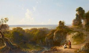 View On The Medway Near Maidstone, With Figures Resting Beside The River