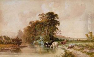 An Extensive Landscape, Cattle Withfigure In The Foreground, A Farm Beyond by John F Tennant