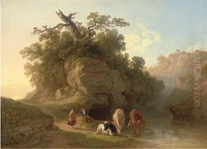 Drover And Cattle Beside A Pool