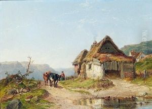 "cottage On The Moors, South Wales", With Figures And Cattle Near A Pond by John F Tennant
