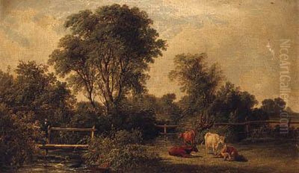 A Wooded River Landscape, With A Gentleman On A Footbridge Andcattle In The Foreground - view 1