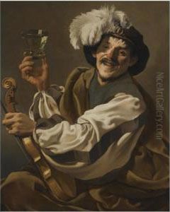 A Jovial Violinist Holding A Glass Of Wine by Hendrick Terbrugghen
