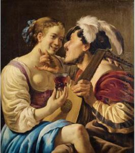 Scene Galante Avec Un Joueur De Luth Et Une Jeune Femme Tenant Unroemer by Hendrick Terbrugghen