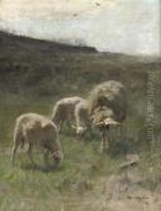 A Sheep And Her Little Lambs by Francois Pieter ter Meulen
