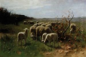 A Shepherd With A Flock Ofsheep by Francois Pieter ter Meulen