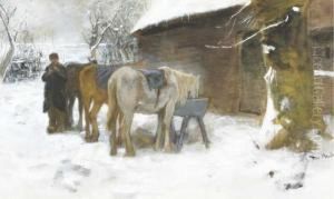 Feeding The Horses In Winter by Francois Pieter ter Meulen