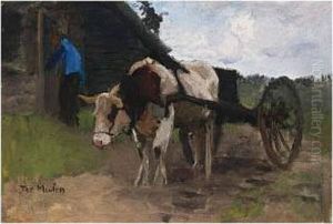 An Ox-drawn Cart With A Peasant Woman Nearby