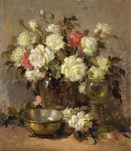 A Flower Still Life With Roses In A Glass Vase, A Roemer And A Brass Plate