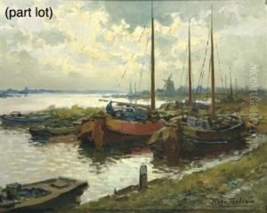 Moored Barges At Dusk by Kees Terlouw