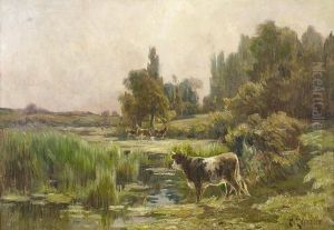 Kuhe In Sommerlicher Flusslandschaft. by Clovis Frederick Terraire