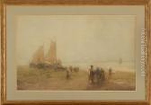 Dutch Coastal Scene With Figures And Sailboats - view 1
