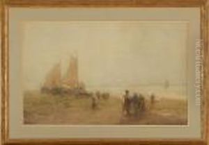 Dutch Coastal Scene With Figures And Sailboats by John Terris