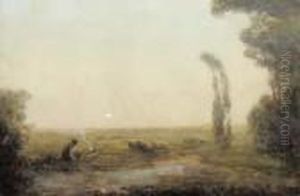 A Shepherd Beside A Camp Fire Watching His Flock By Moonlight